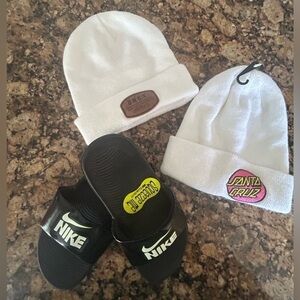 NWT Nike Black Slides and White Beanies Combo